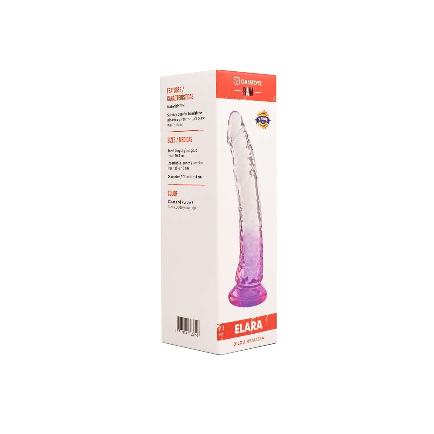 Elara — Un dildo translúcido en degradado de transparente a morado, con una textura gelatinosa realista.